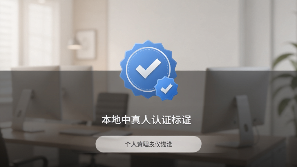 本地中年交友真人认证标识展示,个人主页界面带有蓝色认证徽章,背景柔和,风格商务简约,细节清晰,画质干净