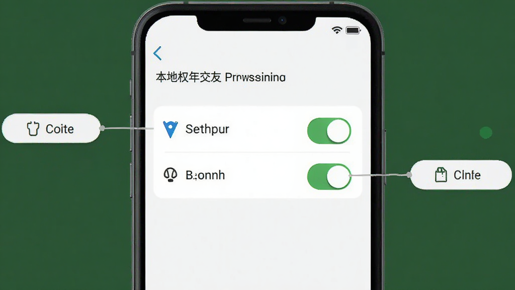 本地中年交友安装权限设置示意图,手机屏幕显示权限管理界面,标注定位与存储开关,风格简洁明了,画质清晰,无多余元素