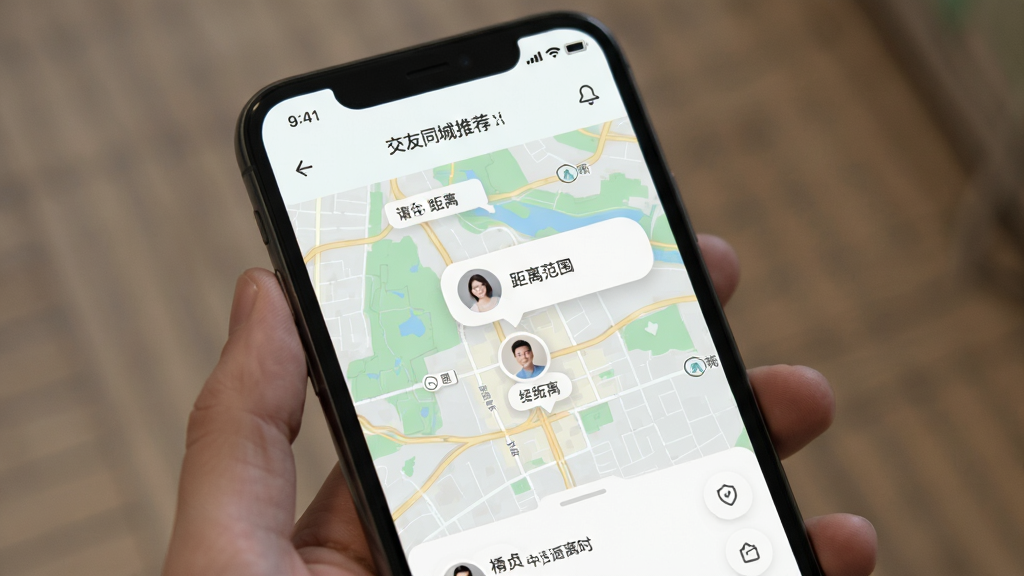 本地中年交友同城推荐页面,手机屏幕显示地图与用户头像气泡,标注距离范围,界面风格清新浅色,布局紧凑,画质干净无杂物