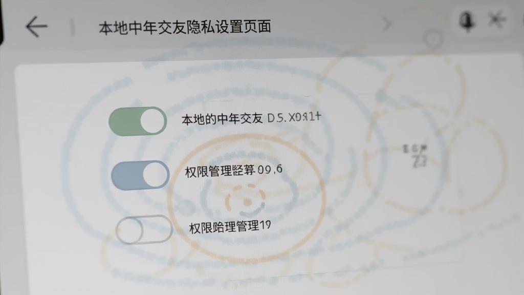 本地中年交友隐私设置页面,展示开关按钮与权限管理选项,界面风格素雅极简,灰白配色,细节清晰,画质干净