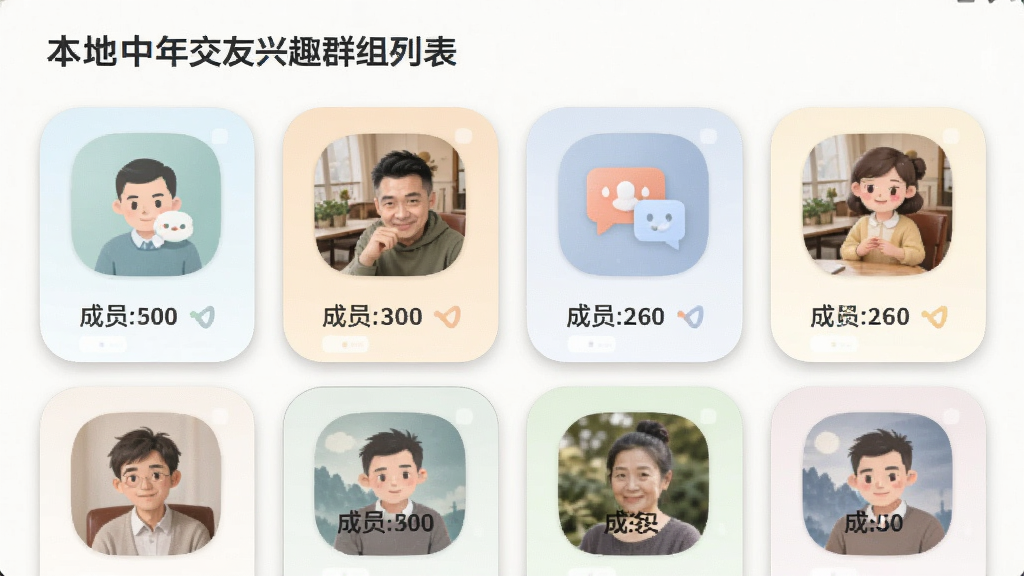 本地中年交友兴趣群组列表界面,展示多个群组图标与成员数量,风格圆角卡片式设计,色彩柔和,排版整齐,画质清晰