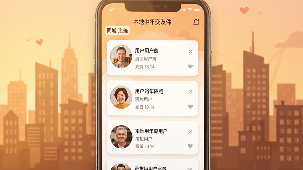 本地中年交友软件主界面截图,画面中央展示同城用户列表卡片式布局,背景为暖色调城市剪影,界面干净整洁,风格温馨简约,画质清晰,无多余元素