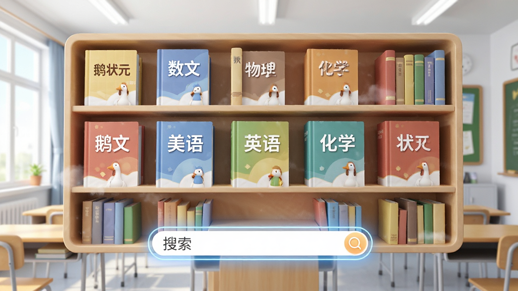 鹅状元海量题库界面,画面中展示一个巨大的虚拟书架,书架上排列着语文、数学、英语、物理、化学等学科书籍,书籍封面带有“鹅状元”标识,书架前方有一道发光的搜索框,背景是明亮的教室场景,风格简洁现代,画质清晰干净,无多余元素