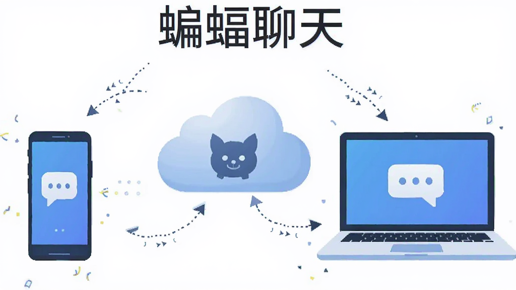 一幅展示“蝙蝠聊天”跨平台同步的AI生成图,画面中央是一个云端图标,左侧连接手机,右侧连接笔记本电脑,三台设备之间用虚线箭头相连表示数据同步,布局为三角构图,风格为科技感扁平插画,细节包括设备轮廓清晰和云朵质感柔和,画质清晰,无多余元素