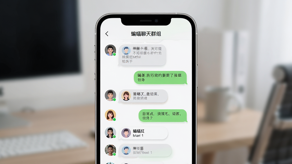 一幅展示“蝙蝠聊天”群组功能的AI生成图,画面中央是一部手机,屏幕上显示一个多人聊天群组界面,有多个用户头像排列,对话气泡清晰可见,布局简洁,风格为现代UI展示图,细节包括头像圆角和消息气泡的层次感,画质清晰,干净无多余元素