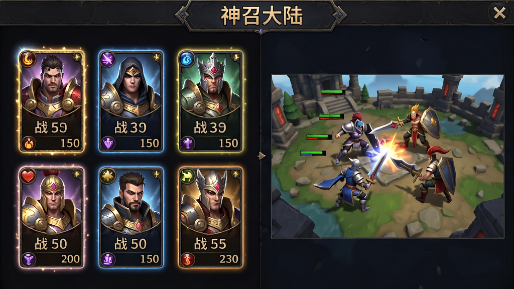 ���ٴ�½Ӣ�����ݴ�����棬�������Ϊ��λ��ͬ��ӪӢ�۵Ŀ�������չʾ���Ҳ�Ϊ3Dս������Ԥ�������ֲ���������ͼ����ʽ���Ű��϶����С����ٴ�½�������������Ϊ���ħ��UI�磬ϸ�ڰ������Ʊ߿��Ч������ͼ�ꡢս����ֵ������Ϊ���壬�ɾ��޶���Ԫ��
