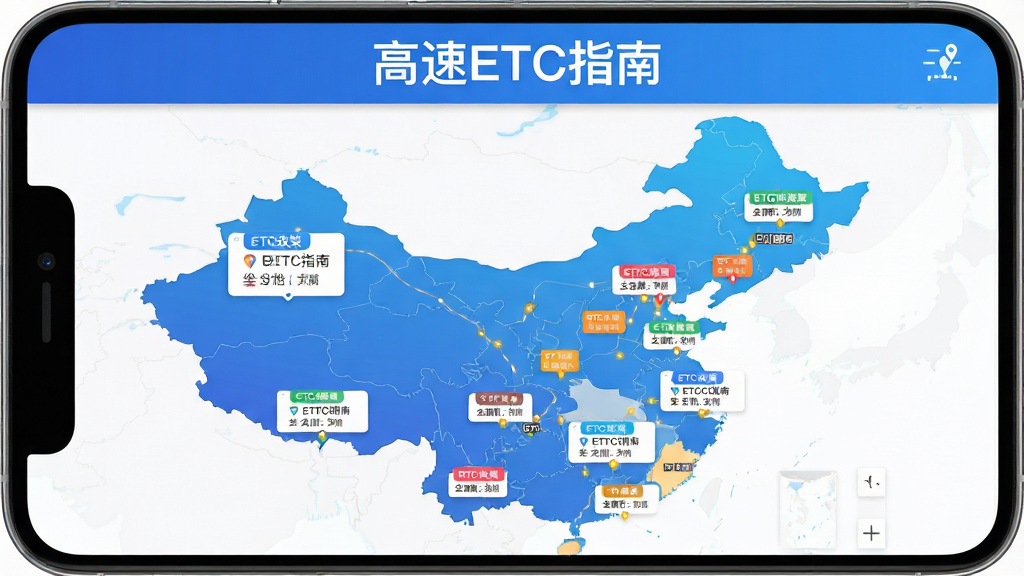 手机应用界面展示全国地图分布,各城市标注ETC政策信息卡片,应用名称“高速ETC指南”显示在顶部横幅位置,布局为上方标题下方地图,风格为信息图表式扁平设计,细节包括蓝色渐变地图、彩色政策标签、白色信息卡片,画质高清,干净,无多余元素