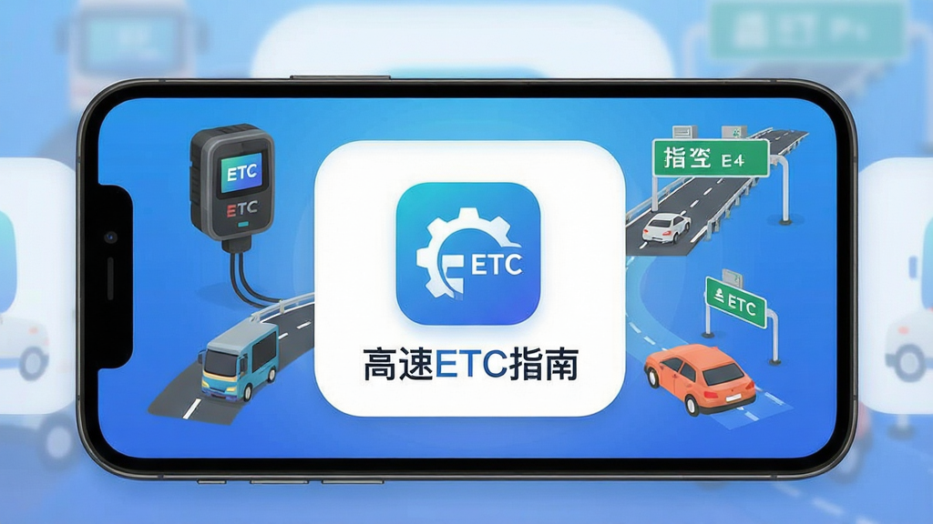 一张手机屏幕展示高速ETC指南应用主界面,画面中央是应用图标和名称“高速ETC指南”,周围环绕ETC设备、高速公路、汽车等元素,布局采用居中对称式排版,风格为现代扁平化设计,细节包括蓝色渐变背景、白色卡片式界面、简洁图标,画质高清,干净,无多余元素