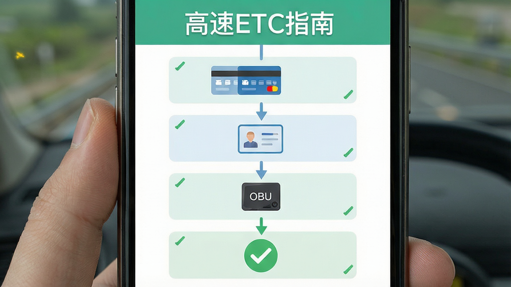 手机屏幕展示ETC办理流程步骤图,画面中有“高速ETC指南”文字标识,布局为纵向步骤条形式,风格为清新扁平化设计,细节包括银行卡图标、身份证图标、OBU设备图标、绿色对勾标记,画质高清,干净,无多余元素