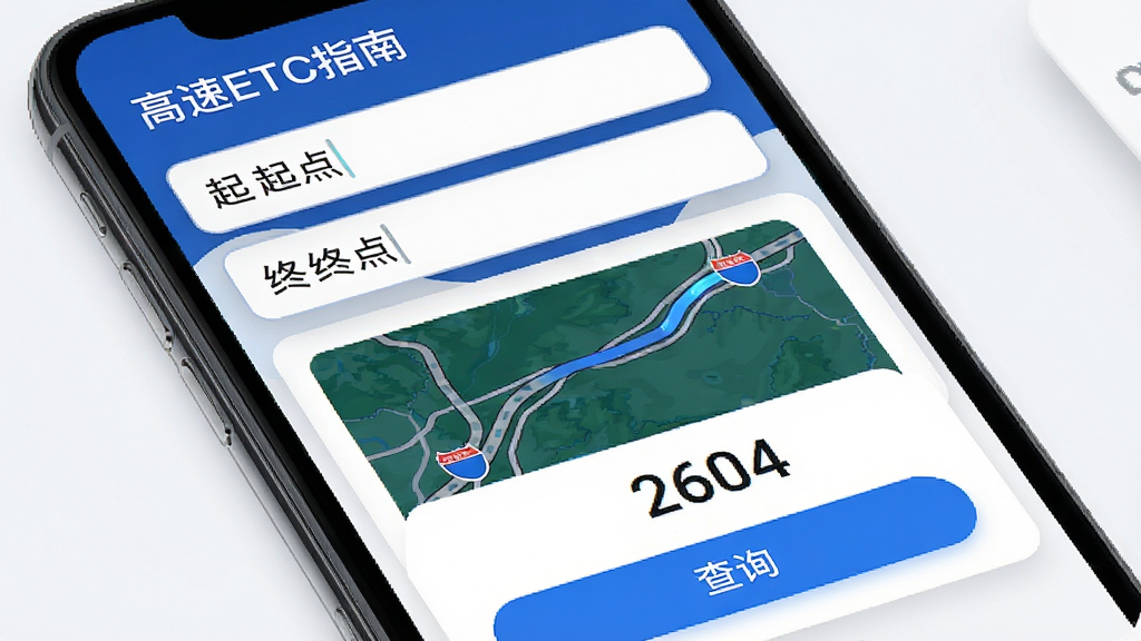 手机界面展示通行费用查询功能,屏幕上有“高速ETC指南”应用名称,布局为上方输入框下方费用结果卡片,风格为现代简约设计,细节包括起点终点输入框、高速公路路线图、费用数字显示、蓝色查询按钮,画质高清,干净,无多余元素