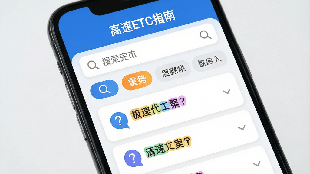 手机屏幕展示常见问题解答列表界面,顶部有“高速ETC指南”文字,布局为搜索框加分类标签加问答列表,风格为清爽卡片式设计,细节包括放大镜图标、彩色分类标签、问号图标、展开折叠箭头,画质高清,干净,无多余元素