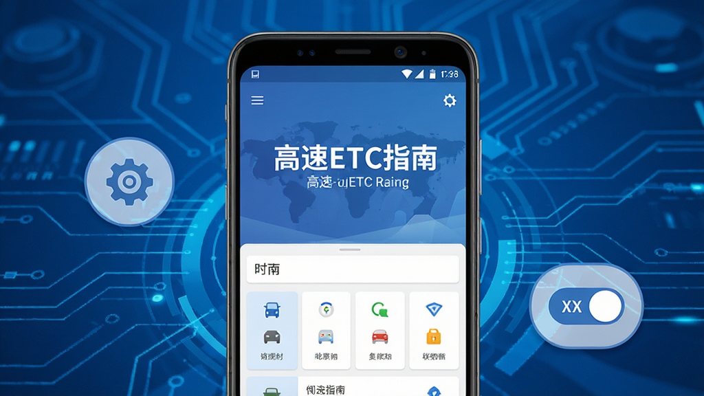 一部安卓手机展示高速ETC指南应用运行界面,画面中有“高速ETC指南”文字标识,布局为手机居中展示,风格为写实产品展示风格,细节包括手机屏幕显示应用首页、周围有设置齿轮图标和权限开关图标、蓝色科技感背景,画质高清,干净,无多余元素