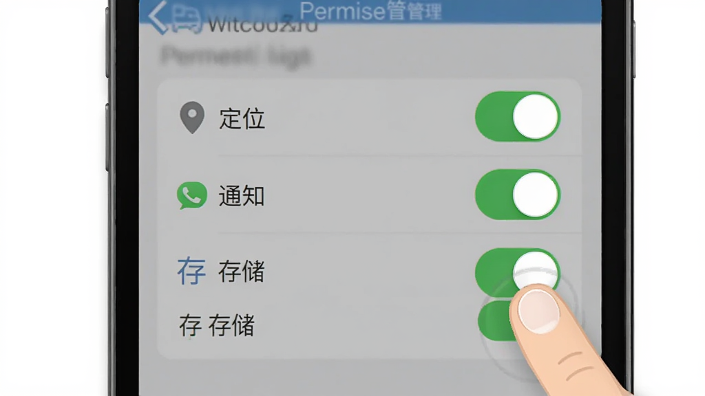 车到勒软件安装与权限设置的操作示意图,画面为手机屏幕显示权限管理界面,包含定位、通知、存储等开关选项,旁边有手指点击示意,风格简洁明了,画质清晰,干净无多余元素