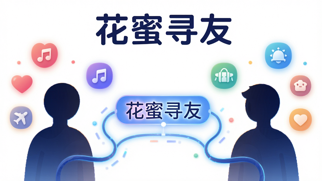 画面主体为两个抽象人物剪影通过一条发光的数据线连接,周围漂浮着爱心、音乐、旅行等兴趣图标;布局采用左右对称,中间以“花蜜寻友”文字标识连接;排版清晰,上方留出标题区域;风格为科技感与温馨感结合的矢量插画;细节包括柔和的光晕、圆润的图标造型;画质高清,背景干净,无杂乱元素。