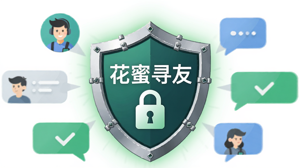 画面中心是一个盾牌形状的图标,盾牌内部有“花蜜寻友”文字和锁形图案;盾牌周围环绕着用户头像和聊天气泡,气泡上带有对勾标记;布局为居中放射状;风格为安全防护类扁平插画;细节包括金属质感的盾牌边缘、柔和的绿色光晕;画质高清,背景简洁,无多余元素。