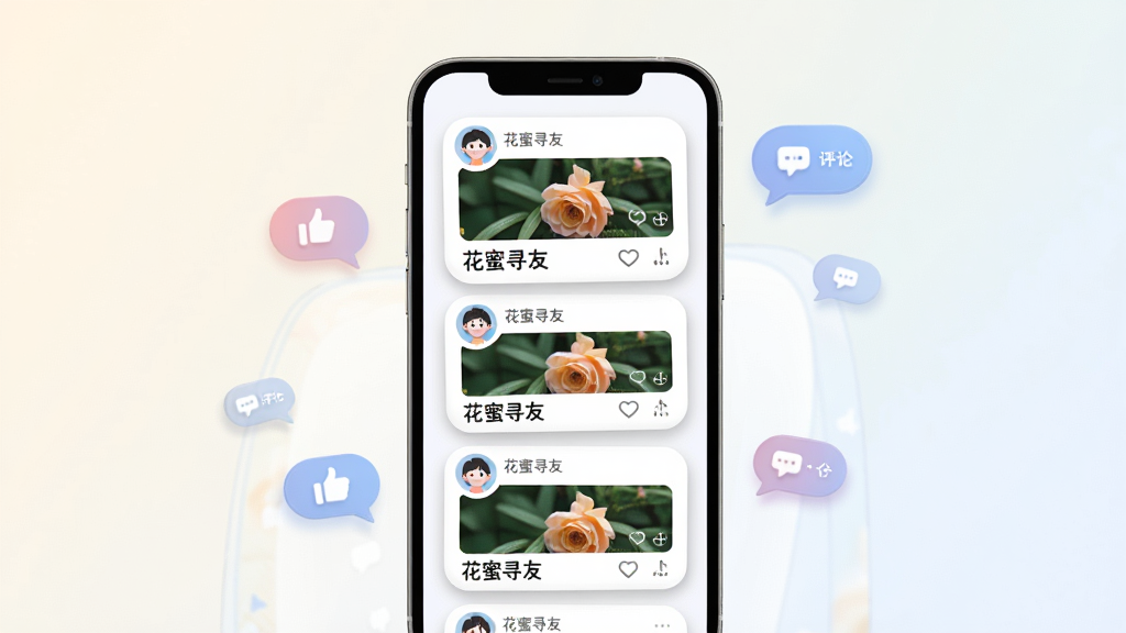 画面展示一个手机屏幕,屏幕内呈现瀑布流式的动态卡片,每张卡片包含用户头像、图片和文字“花蜜寻友”;手机周围散落着点赞、评论的气泡图标;布局为手机居中,背景为浅色渐变;风格为清新社交界面插画;细节包括圆角卡片、柔和阴影;画质高清,画面整洁,无多余装饰。