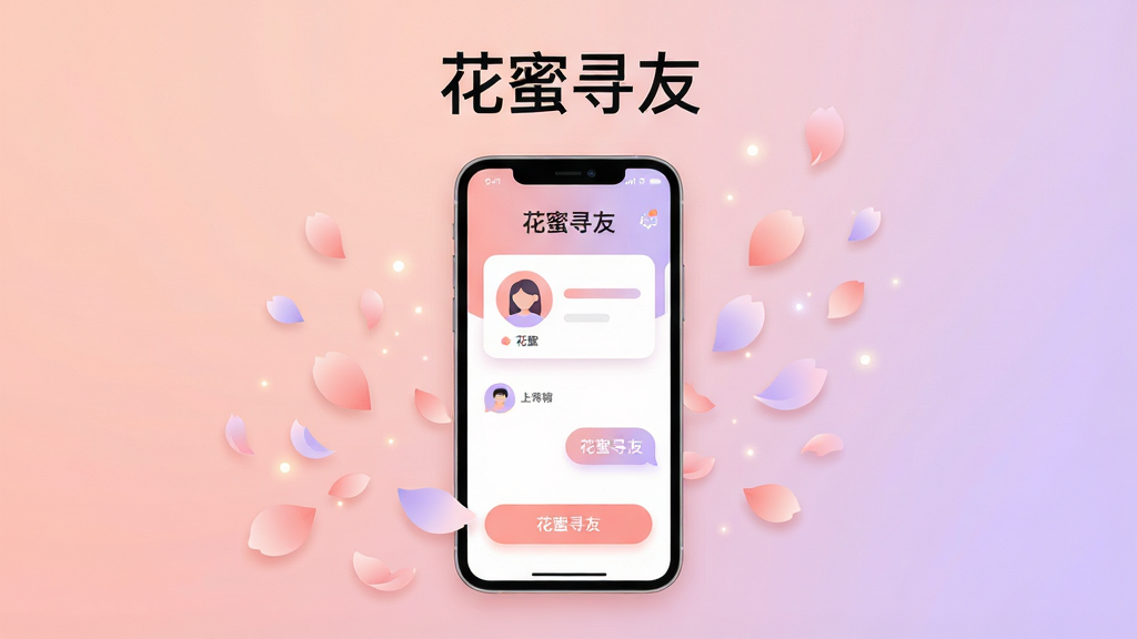 画面中央展示一部智能手机,手机屏幕上显示“花蜜寻友”应用的主界面,界面包含用户头像卡片和聊天按钮;手机周围环绕着柔和的花瓣与光点,布局简洁对称;排版采用居中构图,上方留白放置应用名称“花蜜寻友”;风格为现代扁平化插画,色调以蜜桃粉与浅紫为主;细节包括圆角图标、轻微阴影和渐变背景;画质高清,画面干净,无多余元素。
