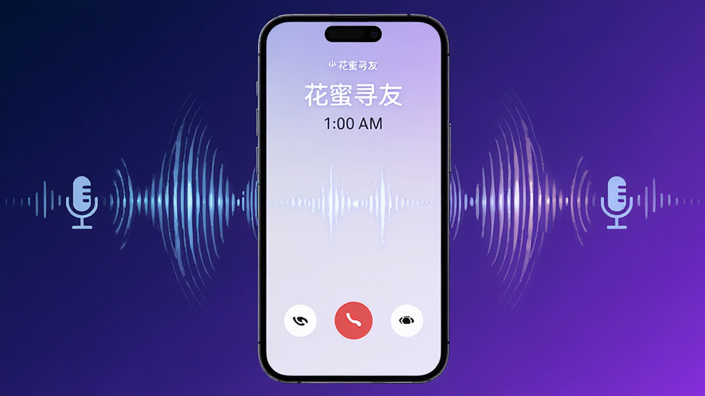 画面中央是一部手机,屏幕显示语音通话界面,上方有“花蜜寻友”字样和通话计时;手机两侧有抽象声波纹理和麦克风图标;布局对称,背景为深蓝到紫色的渐变;风格为现代通讯类插画;细节包括发光的声波线条、圆润的按钮;画质高清,干净无杂物。