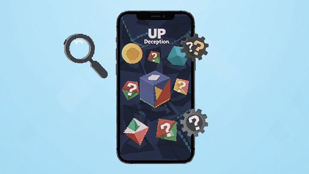 �����������һ�������ֻ�����Ļ��ʾUP Deception��Ϸ���棬�������ж�����Ӽ���ͼ�����ʺ�ͼ�꣬����Ϊǳ��ɫ���䣬���ּ����У����Ϊ��ƽ���Ƽ��У�ϸ�ڰ��������ķŴ������Ԫ�أ����������ɾ��޶���Ԫ��