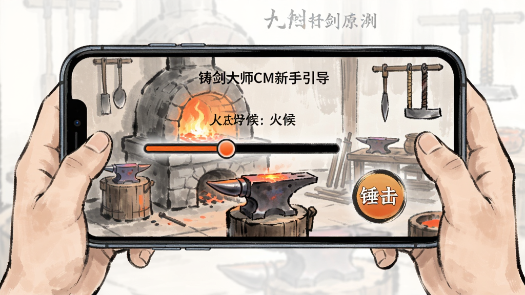 铸剑大师MC新手引导界面,画面展示手机横屏握持示意图,屏幕中标注火候滑条与锤击按钮位置,背景为简洁的铸剑工坊场景,国风手绘风格,信息标注清晰,画质干净,无多余元素