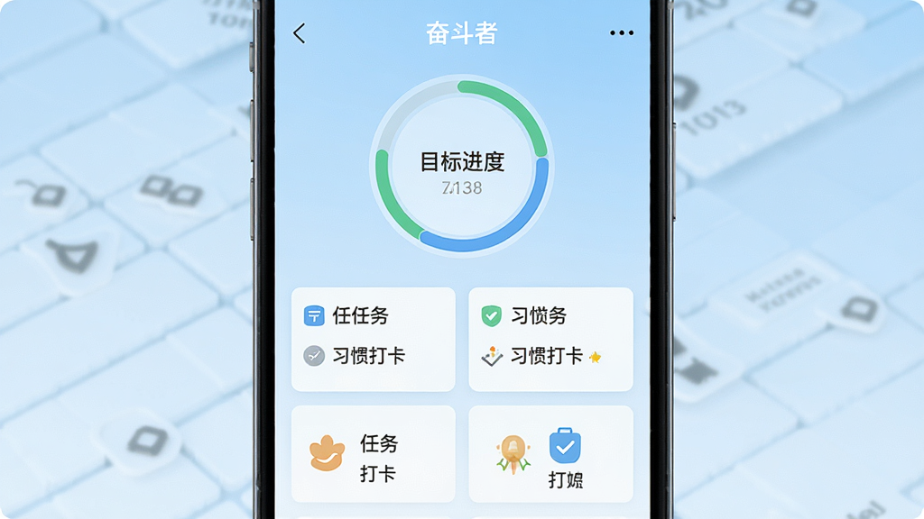 手机屏幕中央显示“奋斗者”应用主界面,顶部有目标进度环形图,下方排列任务卡片与习惯打卡图标,背景为浅蓝色渐变,布局简洁对称,扁平化UI风格,细节清晰,画质干净,无多余元素