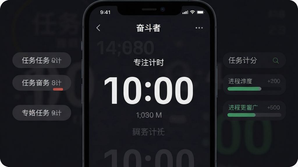手机界面展示“奋斗者”专注计时页面,中央大号倒计时数字,周围环绕任务标签与进度条,背景深色护眼模式,排版居中,扁平化设计风格,细节清晰,画质干净,无多余元素