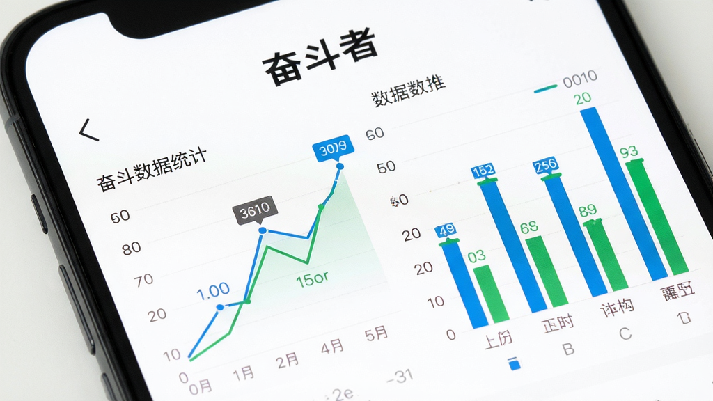 手机屏幕显示“奋斗者”数据统计页面,折线图与柱状图并列排布,数据标签清晰,背景白色,配色蓝绿相间,扁平化图表风格,画质干净,无多余元素