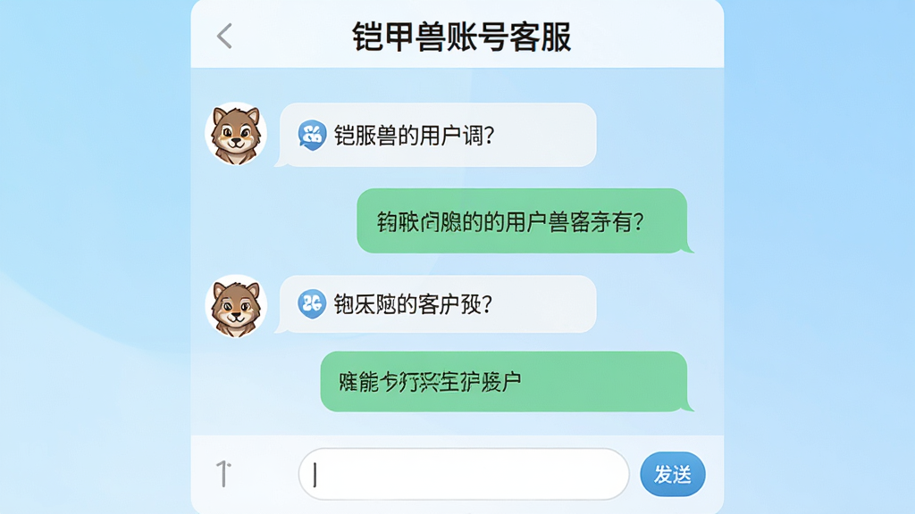 画面展示一个客服对话界面,界面顶部写有“铠甲兽账号客服”字样,对话气泡中显示用户提问与客服回复内容,界面底部有输入框与发送按钮,背景为浅蓝色渐变,布局为典型聊天窗口样式,风格为清新简约风格,细节上客服头像为卡通兽头图标,画质清晰干净,无多余元素