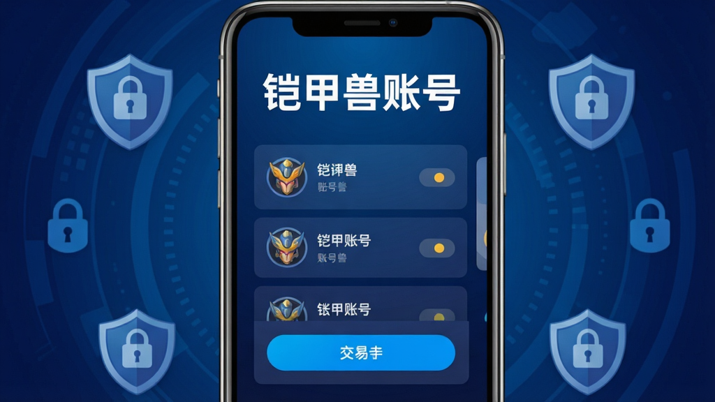 画面中央一部智能手机竖屏展示,屏幕中呈现铠甲兽账号APP主界面,界面顶部有“铠甲兽账号”五个白色粗体字,界面中部是账号列表卡片与交易按钮,背景为深蓝色科技感渐变,周围环绕盾牌图标与锁形安全符号,整体布局居中对称,风格为扁平化UI设计,细节上手机边缘有轻微反光,画质清晰干净,无多余元素
