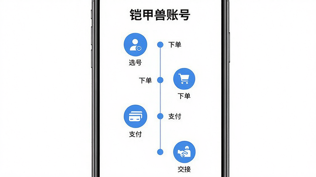 一部手机屏幕中展示铠甲兽账号的交易流程界面,界面从上到下依次排列着“选号”“下单”“支付”“交接”四个步骤图标,每个步骤下方有简短文字说明,界面顶部写有“铠甲兽账号”标题,背景为白色简洁风格,布局为垂直时间轴样式,风格为极简扁平化设计,细节上步骤图标为蓝色圆形,画质清晰干净,无多余元素