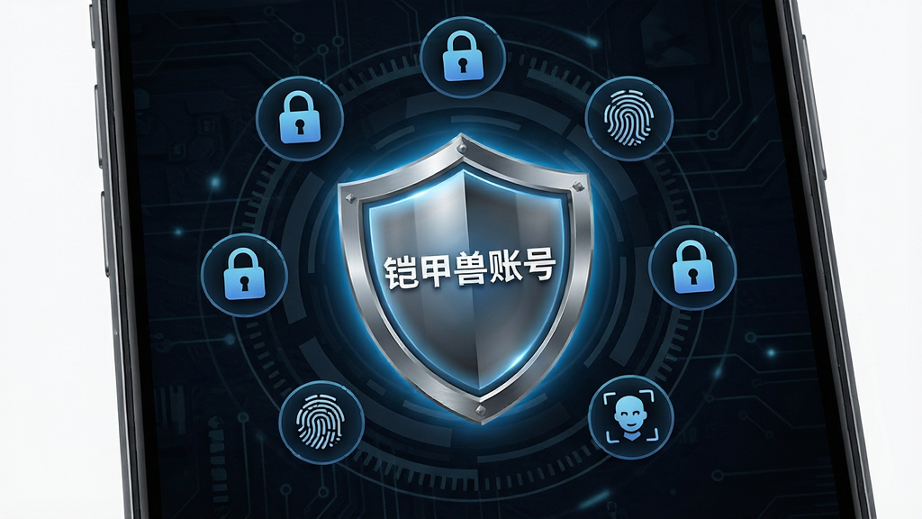 一部智能手机屏幕中显示铠甲兽账号的安全中心页面,页面中央有一个发光的盾牌图标,盾牌上写有“铠甲兽账号”字样,盾牌周围环绕着锁、指纹、人脸识别等安全元素图标,背景为深色科技纹理,布局采用居中放射状排列,风格为现代扁平化设计,细节上盾牌有金属质感光泽,画质高清干净,无多余元素
