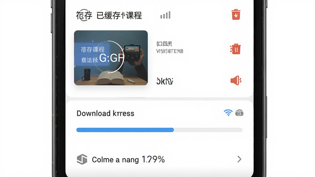 主体为手机屏幕显示课程下载管理界面,布局为上下分层结构,上方为已缓存课程列表,下方为下载进度条与存储空间提示,风格为扁平化移动应用界面设计,细节包含缓存按钮、删除图标、网络状态标识,画质高清干净无多余元素