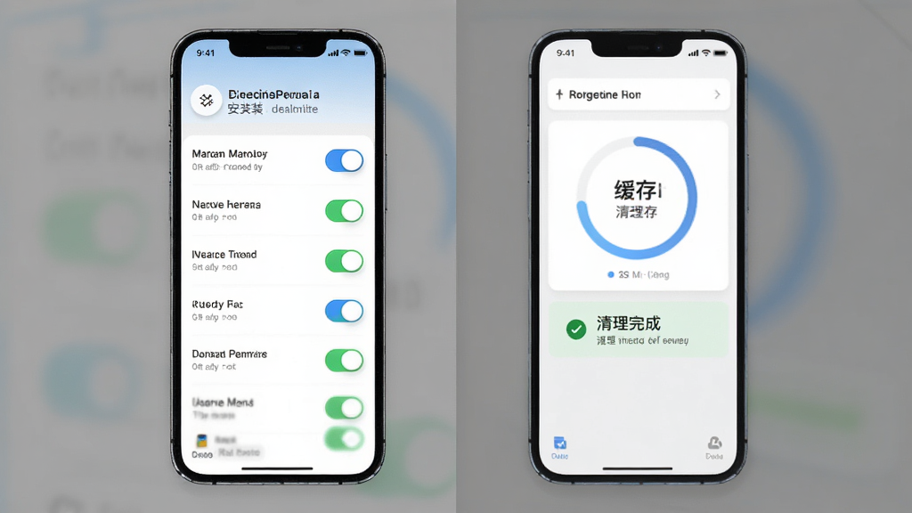 主体为手机屏幕显示安装权限设置页面与存储清理界面,布局为左右分栏对比展示,左侧为权限开关列表,右侧为缓存清理进度,风格为简洁明快的移动端UI风格,细节包含开关按钮、进度环、清理完成提示,画质高清干净无多余元素