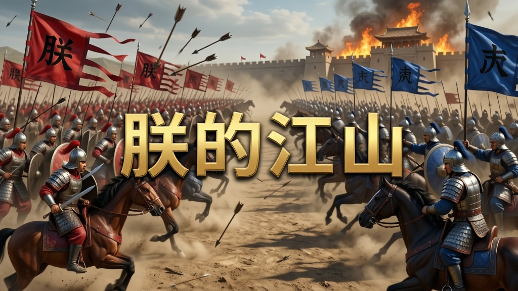 画面主体为古代战场上千军万马对冲的宏大场景,左侧是红色旗帜的军队,右侧是蓝色旗帜的军队,布局采用全景横向展开,排版上画面中央浮现“朕的江山”金色立体字样,风格为写实CG战争风,细节上士兵铠甲反光、战马奔腾扬起尘土、箭矢如雨、城池背景燃烧,画质为8K电影级,画面干净无多余元素