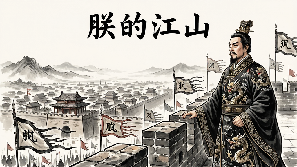 画面主体为一位身穿玄色龙袍的古代帝王站在城墙之上远眺,下方是连绵的古代城池与飘扬的旌旗,布局采用三分法构图,帝王位于画面右侧三分之一处,左侧留白展现辽阔疆域,排版上画面顶部居中书写“朕的江山”四个大字,风格为中国风水墨与工笔结合,细节上龙袍纹理清晰、城墙砖石古朴、旌旗随风飘动、远处山脉若隐若现,画质为4K超高清,画面干净无多余元素