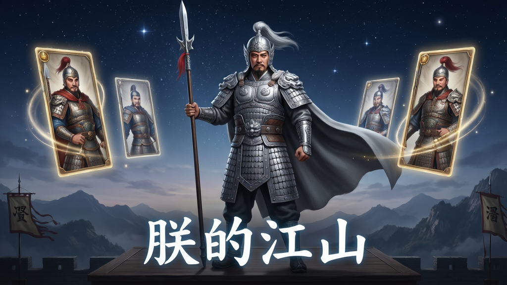 画面主体为一位身披银甲的三国名将手持长枪立于点将台中央,左右两侧悬浮着数张武将卡牌虚影,布局采用中心对称构图,排版上画面底部居中书写“朕的江山”白色发光字体,风格为东方奇幻写实风,细节上铠甲纹路精细、披风随风扬起、卡牌边缘有流光特效、背景为星空与山脉,画质为4K超高清,画面干净无多余元素