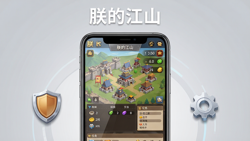 画面主体为一部智能手机屏幕显示朕的江山游戏主界面,界面中有城池建筑、资源栏、任务列表,手机旁边放着一个小巧的盾牌图标和齿轮图标,布局采用手机居中、图标环绕的构图,排版上画面顶部书写“朕的江山”白色小字,风格为扁平化科技风,细节上手机屏幕有轻微反光、图标有立体感、背景为浅灰色渐变,画质为4K超高清,画面干净无多余元素