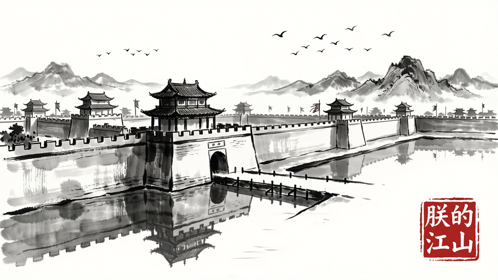 画面主体为水墨风格的三国城池全景,城墙、箭楼、护城河、远山、飞鸟构成一幅长卷,布局采用横向卷轴式构图,排版上画面右下角书写“朕的江山”印章样式文字,风格为传统水墨丹青,细节上墨色浓淡相宜、城墙线条流畅、水面倒影清晰、天空留白处有飞鸟点缀,画质为8K超高清,画面干净无多余元素