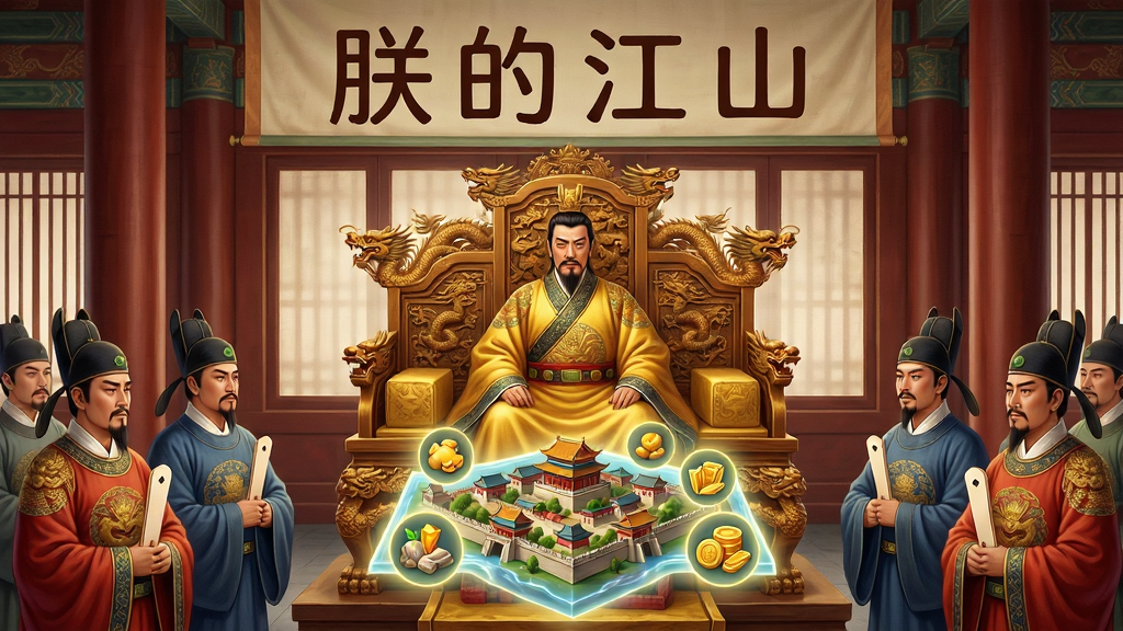 画面主体为古代宫殿内的朝堂场景,一位皇帝坐在龙椅上,下方两侧站着文臣武将,中间悬浮着城池模型与资源图标,布局采用对称式构图,排版上画面顶部横排书写“朕的江山”四个篆体字,风格为工笔重彩国风,细节上龙椅雕刻精美、大臣手持笏板、城池模型有光影流转、资源图标清晰可辨,画质为4K超高清,画面干净无多余元素
