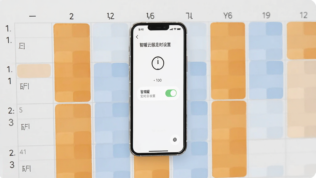 画面以浅灰色日程表为背景,表格中不同时间段填充暖橙色与淡蓝色色块,一部手机悬浮在日程表上方,手机屏幕显示智暖云服定时设置页面,页面内有时钟图标和开关按钮,整体风格简约商务,细节清晰,画质干净,无多余元素。
