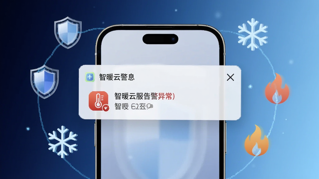 画面中央一部手机弹出通知横幅,横幅内显示智暖云服告警信息与温度异常图标,手机周围环绕盾牌图标、雪花图标与火焰图标,背景为深蓝色到浅蓝色的渐变,整体风格科技感强,细节清晰,画质干净,无多余元素。