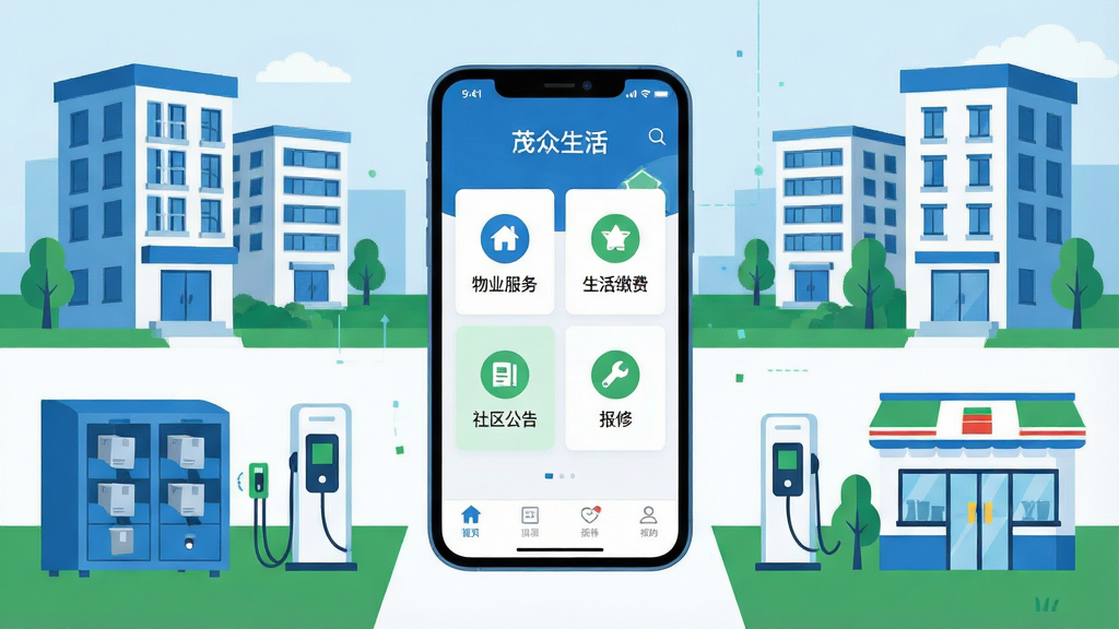 一张展示现代智慧社区生活场景的全景图,画面中央是一部智能手机,手机屏幕显示