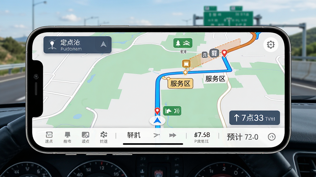 西部互通司机智能导航界面,画面中手机横屏显示地图路线,标注起点终点和途经服务区,背景为高速公路实景,布局为全屏地图加底部信息栏,风格为科技导航风,细节包含路线颜色区分、路况图标、预计到达时间,画质清晰,干净,无多余元素
