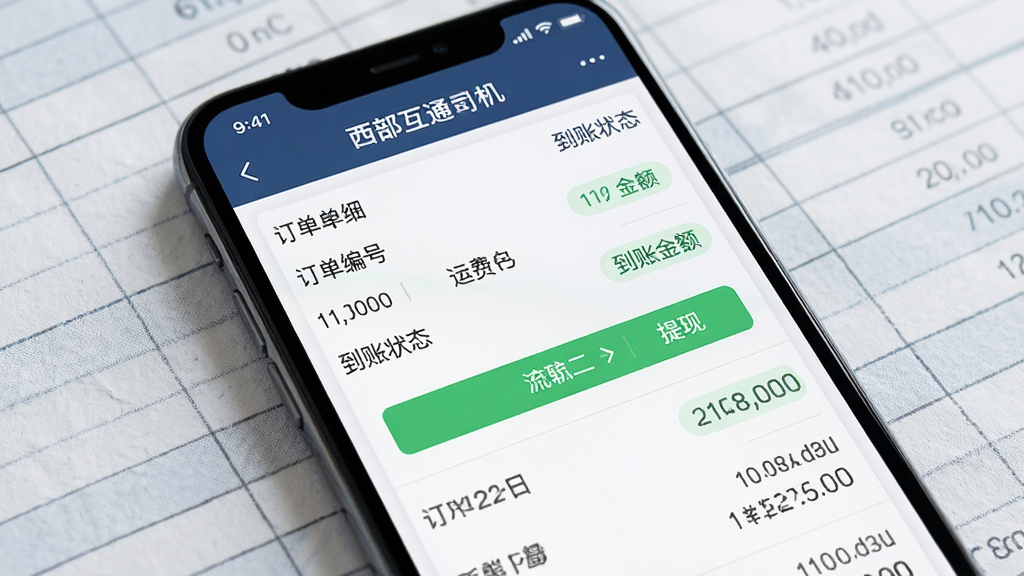 西部互通司机运费结算页面,画面中手机屏幕展示账单明细列表,包含订单编号、运费金额、到账状态,背景为简洁的财务表格纹理,布局为上下分栏式排版,风格为金融科技感,细节包含绿色到账标识、提现按钮、流水日期,画质清晰,干净,无多余元素