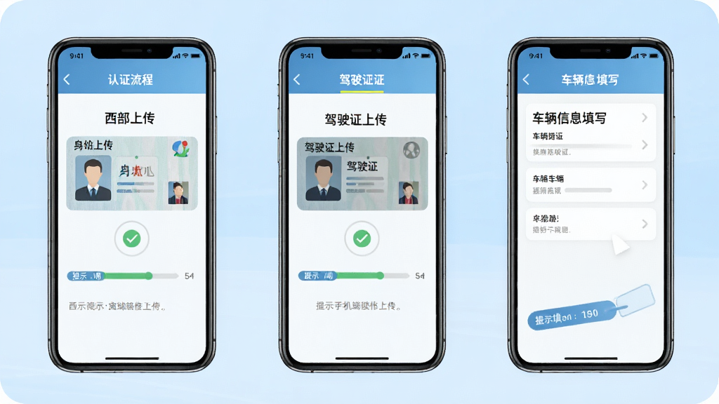 西部互通司机手机端操作指引图,画面中一部手机展示认证流程步骤,包含身份证上传、驾驶证上传、车辆信息填写三个界面并排,背景为浅蓝色渐变,布局为横向三屏排列,风格为教程图解风,细节包含勾选图标、进度条、提示文字,画质清晰,干净,无多余元素