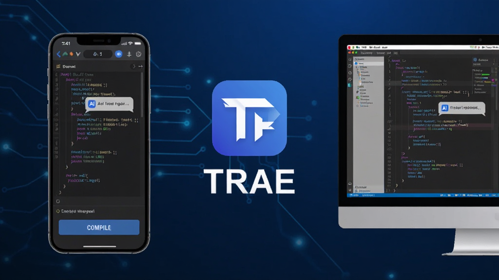 画面中央放置TRAE软件图标与名称“TRAE”,左侧展示手机屏幕中AI代码补全界面,右侧展示电脑端代码编辑器窗口,背景为深蓝渐变科技风格,布局采用左右对称排版,风格简洁现代,细节包括代码行、AI对话气泡、编译按钮,画质高清干净无多余元素