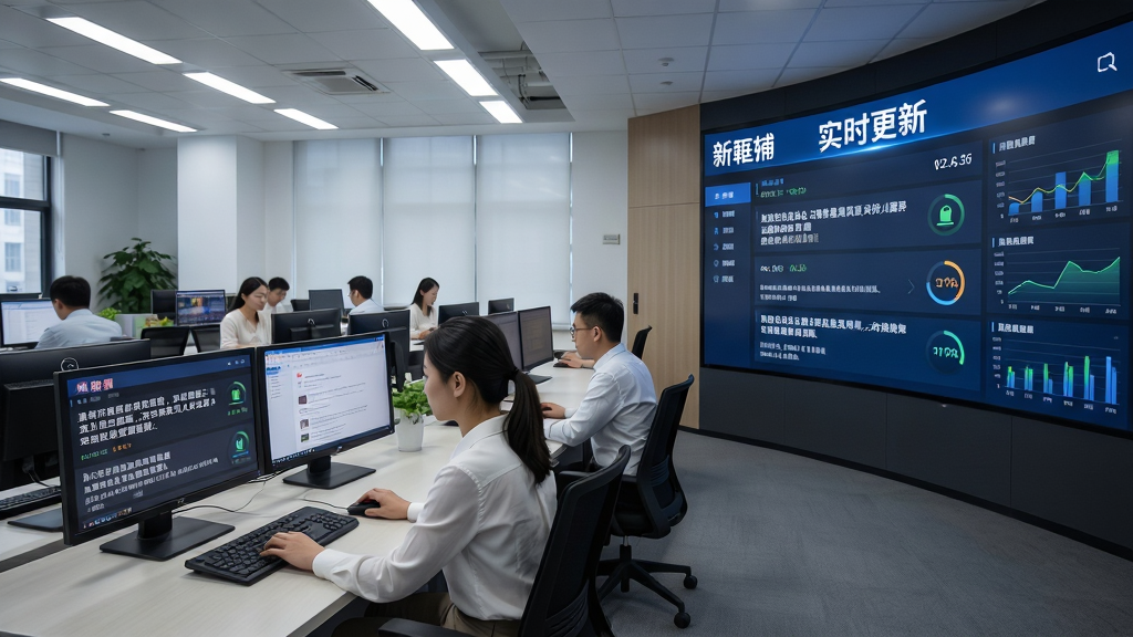 新闻编辑室场景,多名编辑记者在电脑前忙碌,大屏幕上显示“新畿辅”实时新闻更新界面,布局为横向宽幅,左侧为编辑工作区,右侧为数据可视化大屏,风格为现代新闻编辑部写实风格,细节包括屏幕上的新闻标题、时间戳、更新动态图标,画质高清,干净,无多余元素
