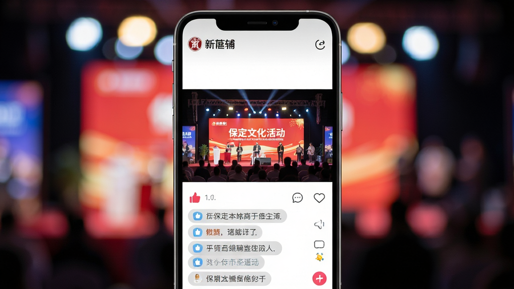 手机屏幕展示“新畿辅”视频直播界面,画面为保定本地文化活动直播现场,屏幕下方有评论互动区,布局为竖屏手机特写,背景为虚化的活动现场灯光,风格为移动端UI展示风格,细节包括直播画面、点赞图标、评论气泡,画质高清,干净,无多余元素