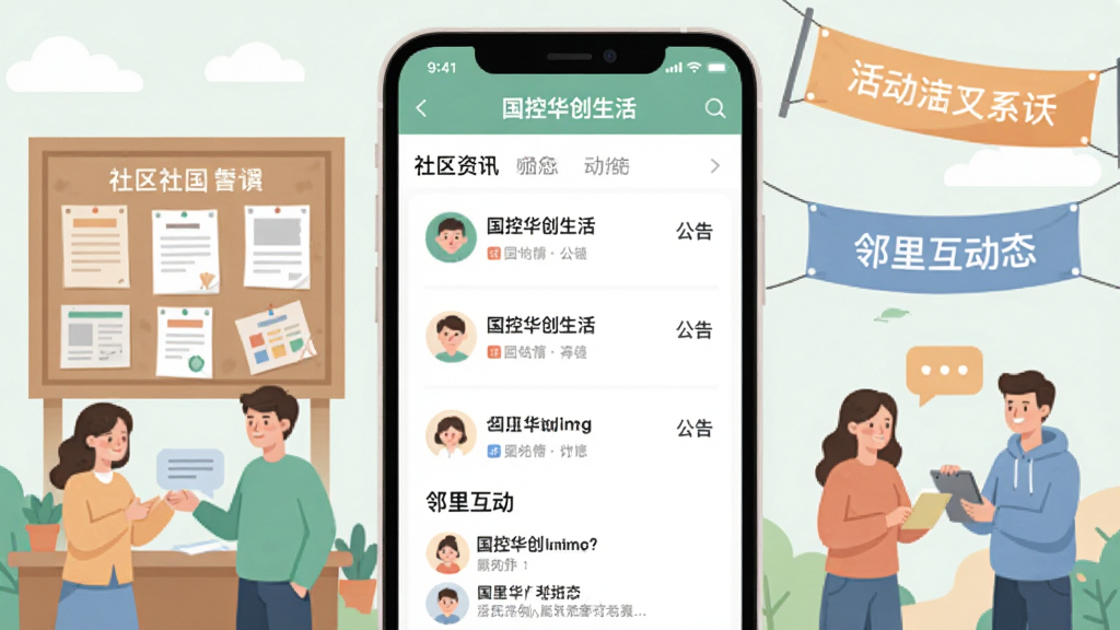 画面展示“国控华创生活”应用的社区资讯页面,屏幕上显示公告列表和邻里互动动态。周围环绕着社区公告栏、活动横幅、居民交流等插画元素。整体采用扁平化设计风格,色彩柔和,排版清晰,画质高清,画面干净,无多余装饰。