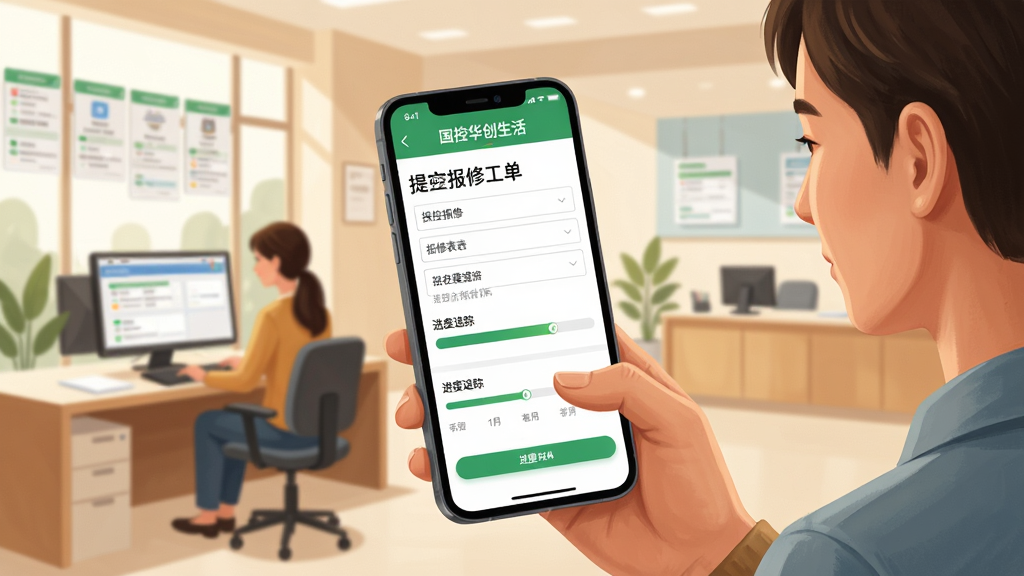 画面展示一位用户正在使用手机上的“国控华创生活”应用提交报修工单,手机屏幕显示报修表单和进度追踪条。背景是现代化的物业管理中心,工作人员在电脑前处理工单。整体风格为写实插画,色调温暖明亮,构图以手机屏幕为视觉焦点,周围元素简洁有序,画质清晰,画面干净无杂乱。